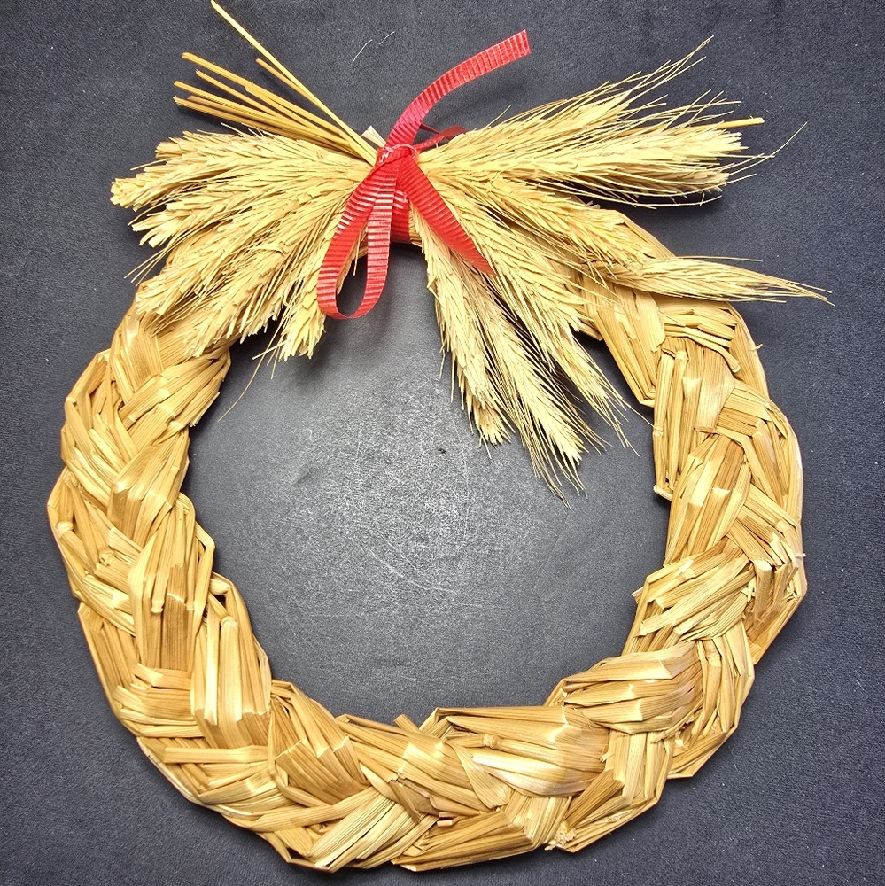 Scandinavian Folk Art Straw Wreath Christmas Ornament 7 Inches Red Ribbon
